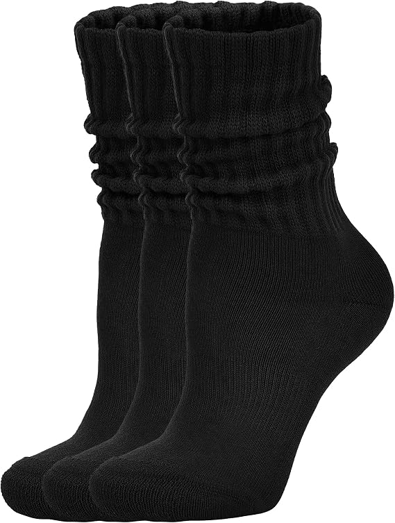 AugRing Women's Scrunch Crew Socks Retro 3-Pack Solid Cotton Boot Calf Chunky Ribbed Cozy Slouchy Socks Size 5-11