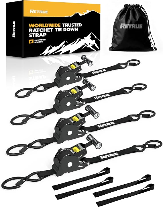 RETRUE Heavy Duty Self Retractable Ratchet Straps, 1" x 10', Black, 4 Pack
