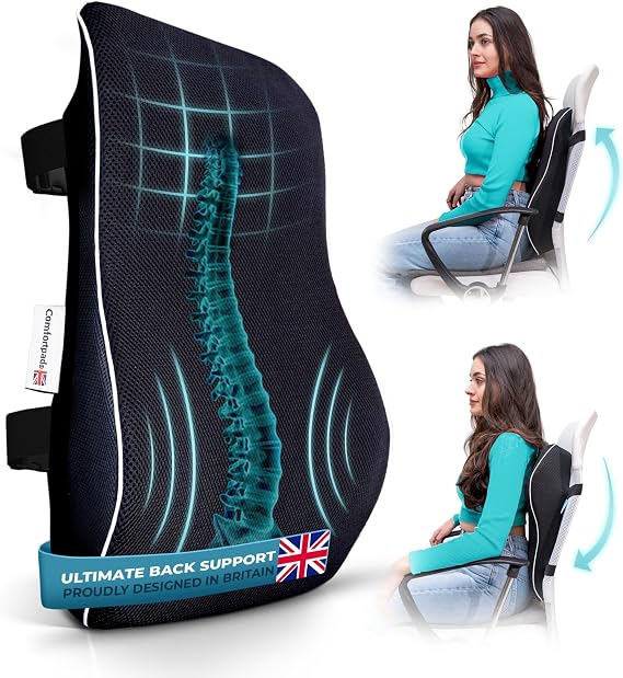 Comfortpad Lumbar Support Cushion | Memory Foam for Back Pain Relief | Ergonomic Full Back Support | For Office Chair, Car & Home | Breathable Mesh Cover & Double Adjustable Straps | British Brand