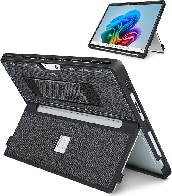 13インチMicrosoft Surface Pro 11/10/9/8用ケース、ステントカバーとハンドストラップ付き、オールインワン耐衝撃フォリオ頑丈なケース タイプカバーキーボード、TPU/PU素材に対応 ブラック