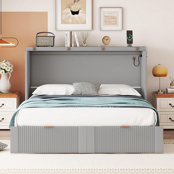 Murphy Bed Cabinet - Hidden Murphy Beds with Pulley Structure Design and Flexible Slats, Murphy Bed Dresser with 2 Drawers, 2 Storage Cabinets and Sockets & USB Ports (Gray, Full)