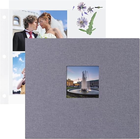 1DOT2 12x12 Inch 3 Ring DIY Scrapbook Photo Album, Gray | 40 Plastic Sleeves, 80 White Pages, Linen Cover, Blank Scrapbooks, For Baby Travel Wedding Graduation Kids