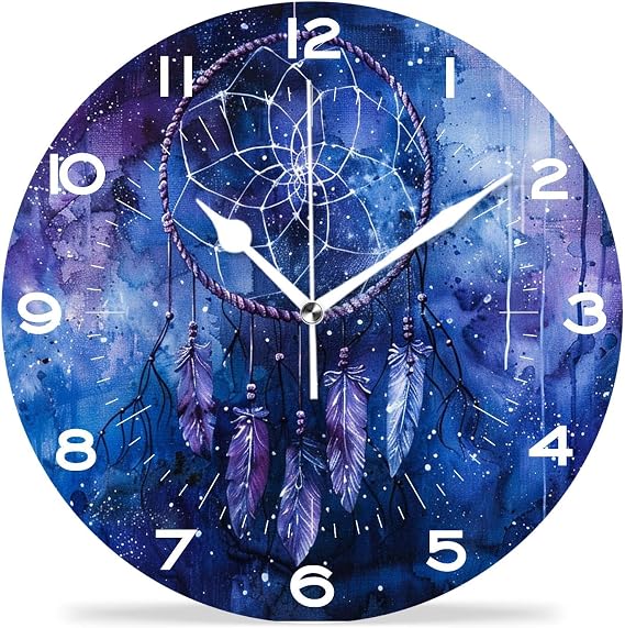 Funny 10 Inch Wall Clocks Battery Powered Decor,Indian Dreamcatcher Galaxy Ethnic Boho Elaborate