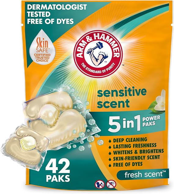 ARM & HAMMER Sensitive Skin Laundry Detergent Paks, Fresh Scent, 42 Count