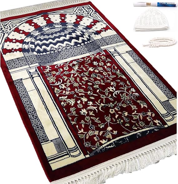 Modefa Velvet Prayer Rug | Soft Plush Janamaz for Men Women Ramadan Eid Gift with Miswak, Kufi, Tesbih Thick Kilim Style Turkish Carpet Musallah Sajadah Mihrab (Red)