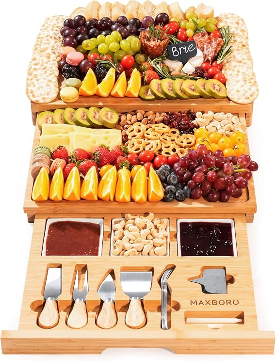 Extra Large Bamboo Charcuterie Board, 3-Layer Pull-Out Cheese Trays
