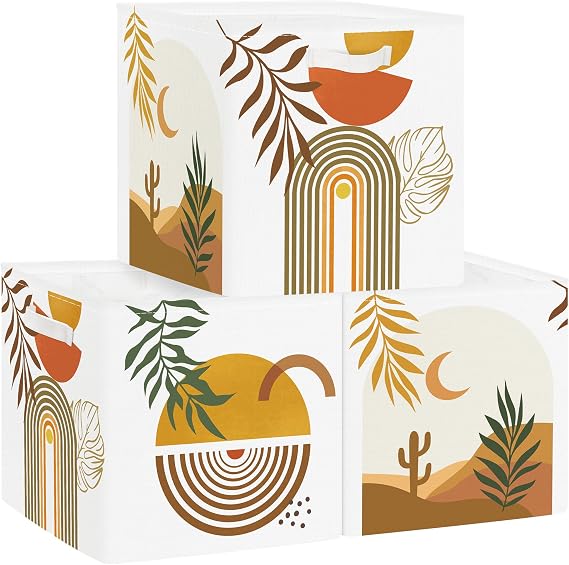 11.8" Boho Leaves Storage Cube Organizer Mid Century Modern Clothes Storage Basket Bin for Closet Shelf Art Abstract Geometry Nursery Kid Room Book Toy Chest, 3Pcs