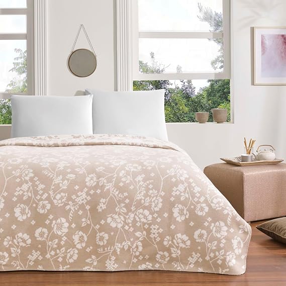 Crown Polly Floral Pattern 100% Cotton Blanket, Beige, Double