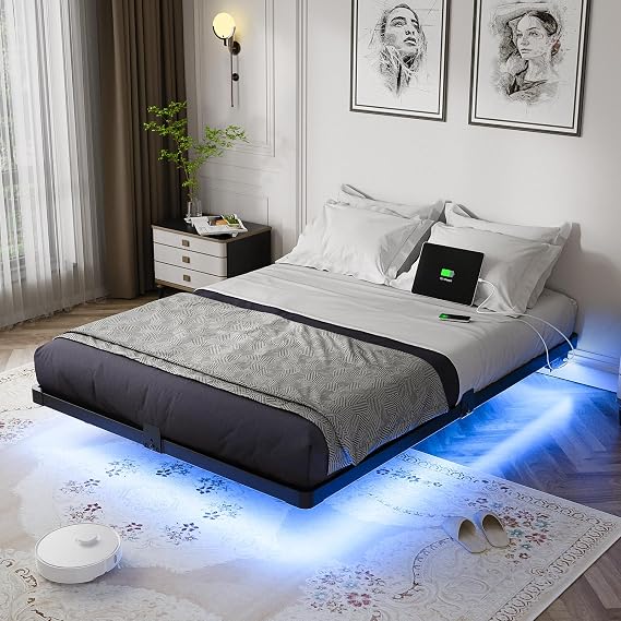 OLEVS Floating Bed Frame Full Size Metal with LED Light & Charging Station