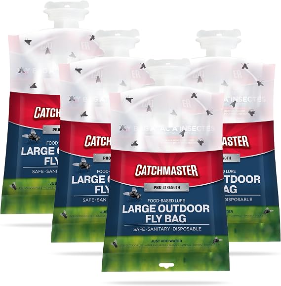 Catchmaster Proシリーズ フライバッグ 4個パック ハンギングフライトラップ アウトドアホーム 虫捕り 飛ぶ昆虫捕獲 天然誘引剤 ペットに安全な害虫駆除 XLバッグ 裏庭、プール、パティオ、キャンプ用