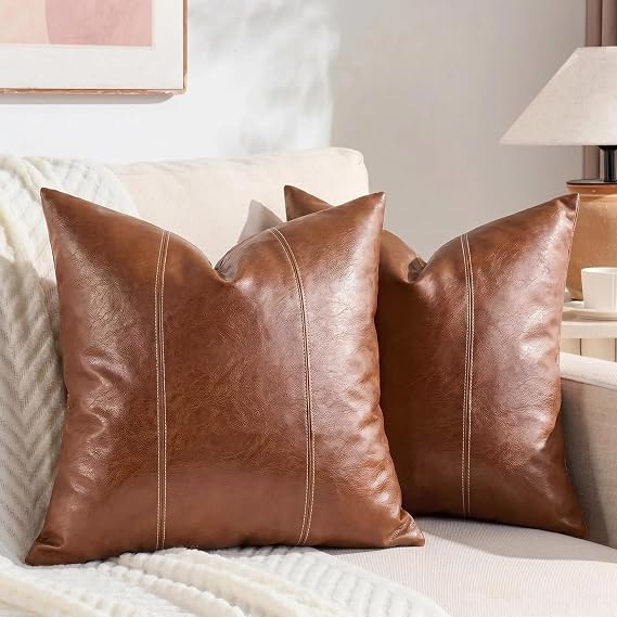 Fancy Homi 2 Packs Hand Stitched Faux Leather Decorative Throw Pillow Covers 20x20 Inch for Living Room Couch Bed, Brown Accent Square Cushion Case 50x50 cm, Rustic Modern Farmhouse Boho Home Decor
