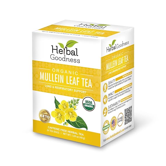 Organic Mullein Leaf Tea Bags | 24ct | Lung & Respiratory Support, Clear Breathing & Soothing Throat Relief | Immune & Digestive Support | Caffeine Free Herbal Tea | USDA Organic, Non-GMO, Vegan | Herbal Goodness