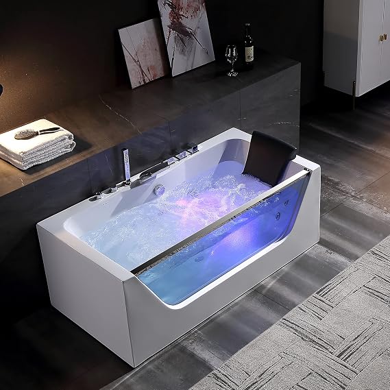 Empava 59 Whirlpool Bathtub, Jetted Tub with Light,SPA Hydromassage with Chromatherapy,Acrylic,3-Side Apron,White
