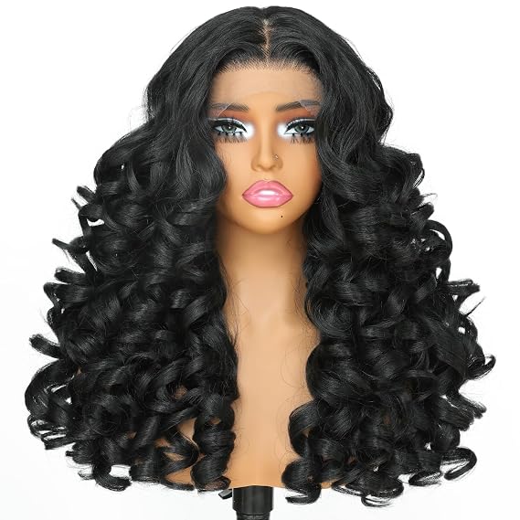 X-TRESS 20 Inch Loose Wave Curly Wig 1B Off Black 13x6 HD Transparent Lace Front Wig Pre Plucked Glueless Wear and Go Synthetic Wig for Black Women