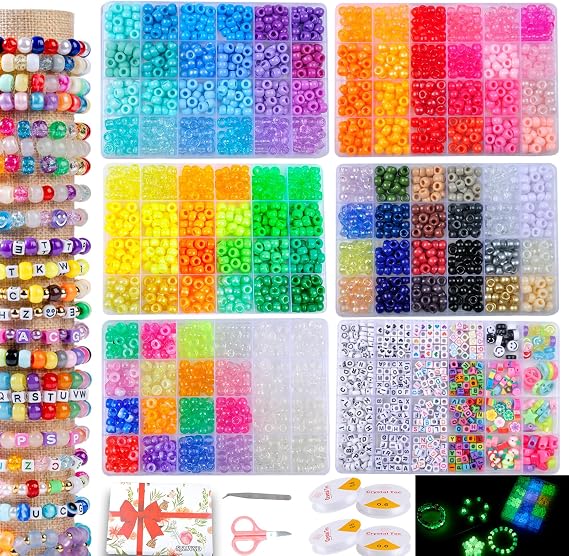 6 Boxes Pony Beads Bracelet Kit, UV Color-Changing & Glow Kandi Beads