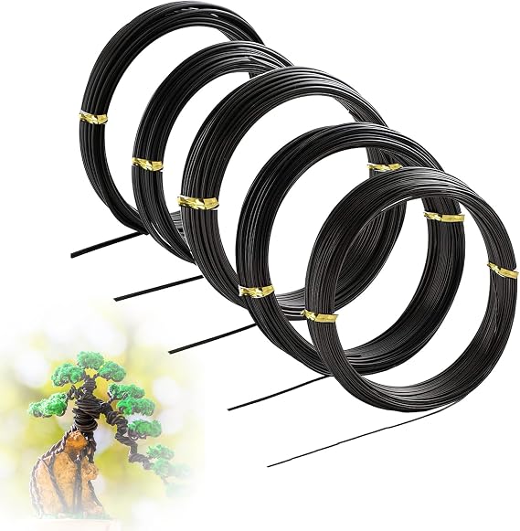 Bonsai Wire for Crafts Kit Bonsai Beginners of 5 Sizes Anodized Aluminium Wire-1 mm, 1.5 mm, 2 mm, 2.5 mm, 3 mm (50 Metres Total, 5 Sizes, Black)