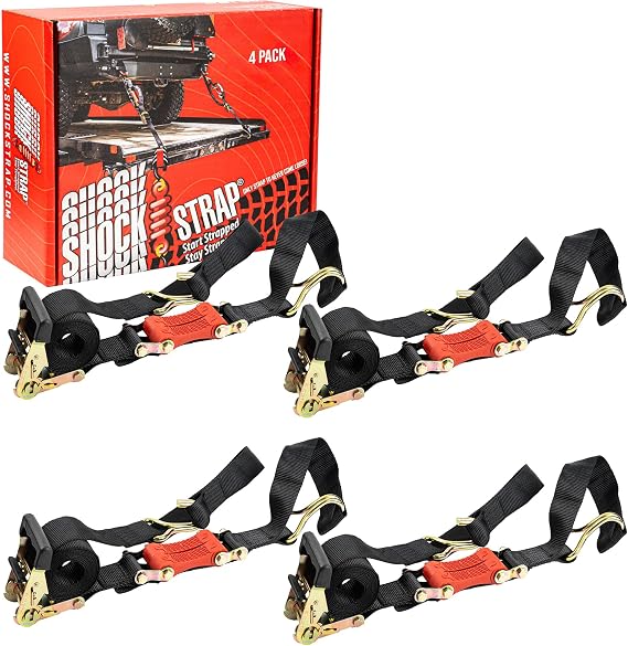 SHOCKSTRAP Ratchet Strap, 9' x 2" Shock Absorbing Heavy Duty Tie downs for Cargo, 2,000 LB WLL / 6,000 LB Break Strength, 4-Pack