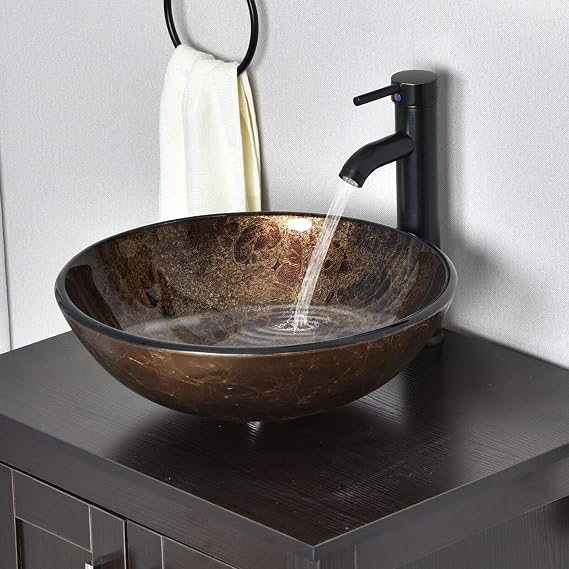 YU YUSING Countertop Bathroom Sink Basin Round Hand Washbowl Tempered Glass with Tap Waste Set, Cloakroom Kitchen Toilet, Brown