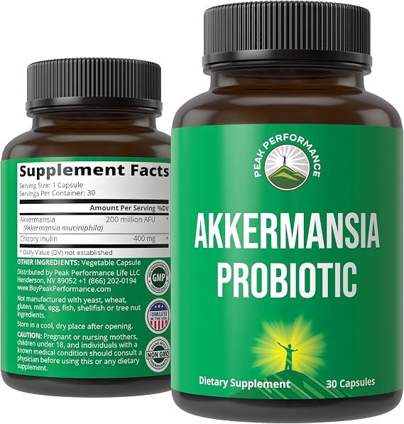 Peak Performance Akkermansia Probiotic to Increase GLP-1 Production - Ultra High Strength Akkermansia Muciniphila Live Strain with Prebiotic Fiber for Gut Health - Delayed Release, 3rd Party Tested