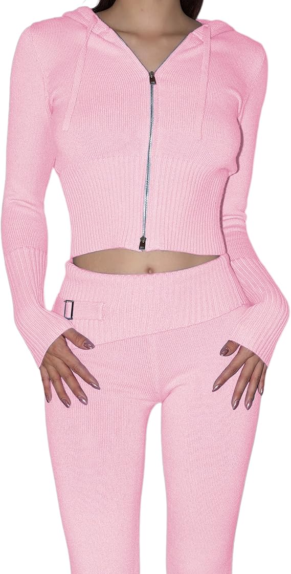 Zhiyouni Women's Kintted 2 Piece Outfits Long Sleeves Zip Up Hooded High Waist Skinny Pants Set Loungewear