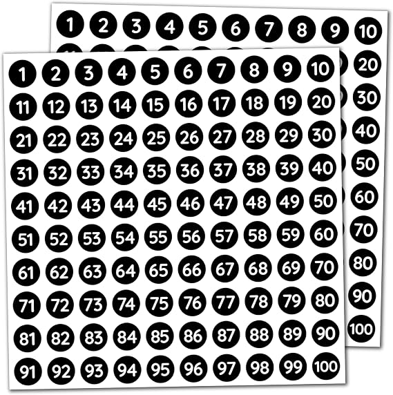25 Sheets, 1-100 Number Stickers Labels - 0.4" Round, Black, Pack of 2500