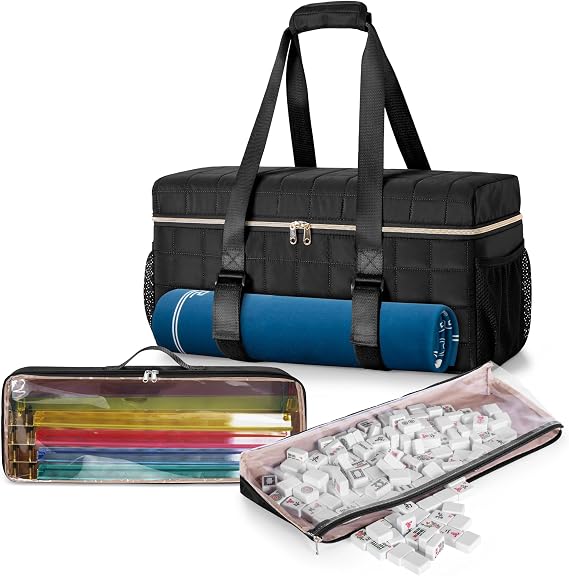 Teamoy 3 Pcs American Mahjong Bag, American Mahjong Set Organiser with Tiles and Racks & Pushers Pounch, American Mahjong Tile Set Holde with Game Mat Magic Tape, Black（Bag ONLY）