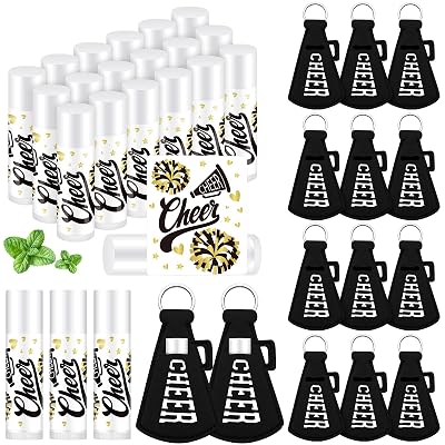 36 Pcs Cheer Gifts Bulk Cheerleading Team Gifts Lip Balm and Holder Keychains Set Cheer Party Favors Cheerleader Team Gift for Sports Fans Competitive Party GuestBlack Gold