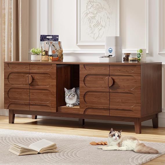ONBRILL 59" Cat Litter Box Enclosure for 2 Cats, Cat Litter Boxes, Walnut
