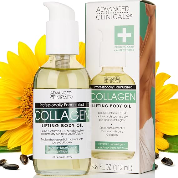 Advanced Clinicals Hydrating Collagen Oil For Body & After Shower | Anti Aging Moisturizing Collagen Body Oil For Women & Men Helps Soften Appearance Of Crepe Skin & Wrinkles, 3.8 Fl Oz