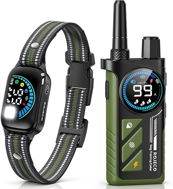 ROJECO 2-in-1 Dog Shock Collar & Dog Bark Collar,Smart Anti-Barking | 3300FT Remote/IPX7 Waterproof/Beep,Vibration,Shock Modes/LED Light/TypeC Rechargeable/for Small Medium Large Dogs/Green
