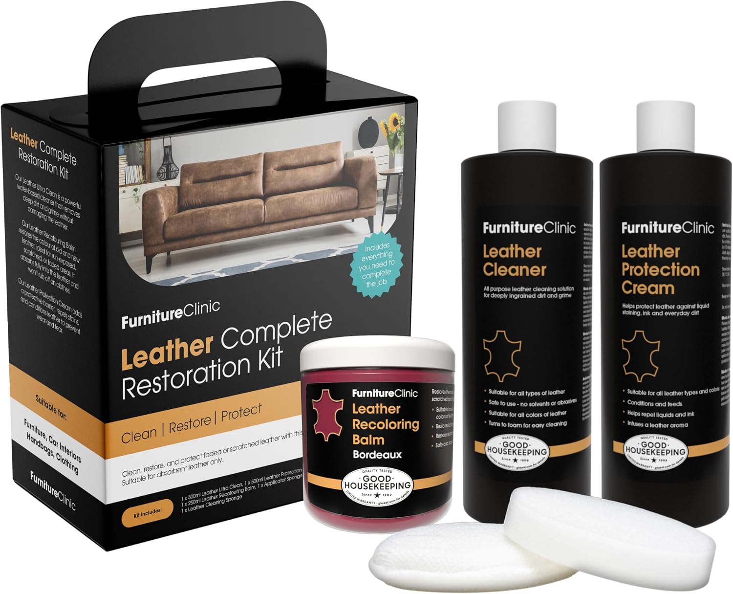 Furniture Clinic Leather Complete Restoration Kit | Leather Recolor Balm, Cleaner, 2-in-1 Protective Cream & Conditioner, Sponge & Cloth | Furniture Repair Kit Bordeaux
