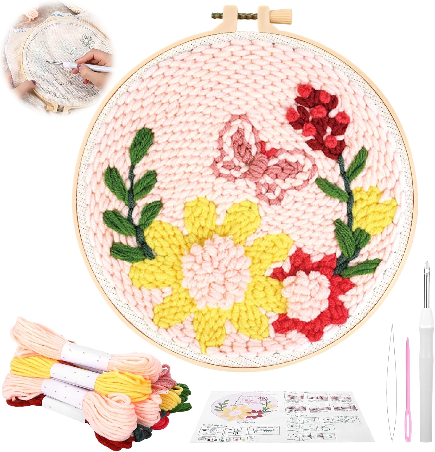 Mowouhn Punch Needle Kit for Adults Beginner,Floral Leaf Punch Needle Embroidery Starter Kits,Include Instructions,Pattern,Yarns,Embroidery Hoops for Handmade Crafts Gifts DIY