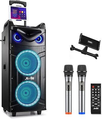 Moukey Karaoke Machine, Double 10 Woofer PA System for Party, Portable Bluetooth Speaker with 2 Wireless Microphone, Disco Lights and EchoTrebleBass Adjustment, Support TWSRECAUXMP3USBTFFM