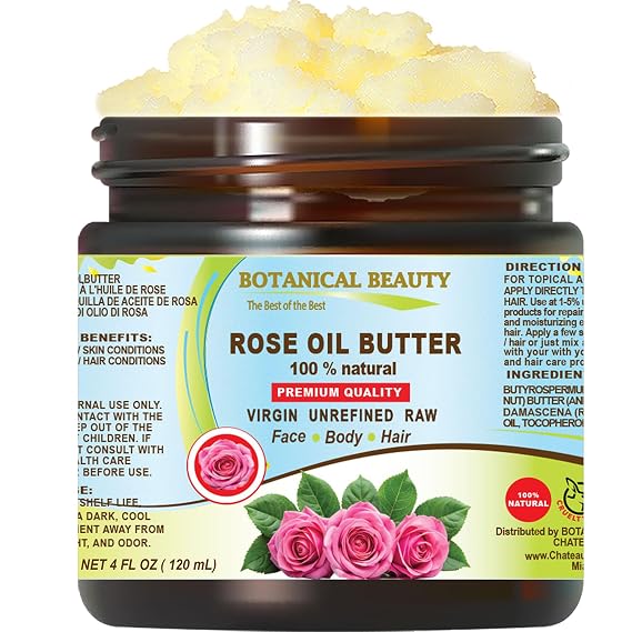 Botanical Beauty ROSE OIL BUTTER 100% Natural Rose Essential Oil in Shea Nut Butter for FACE SKIN BODY HAIR NAILS Beauty Skin Moisturizer Oil Butter Skin Nourishing 4 Fl Oz 120 ml