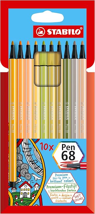 STABILO Premium Fiber-Tip Pen Pen 68 - Pack of 10 - Assorted Colors - Coloring Felt Tip Marker, Fine Point, 1mm Tip