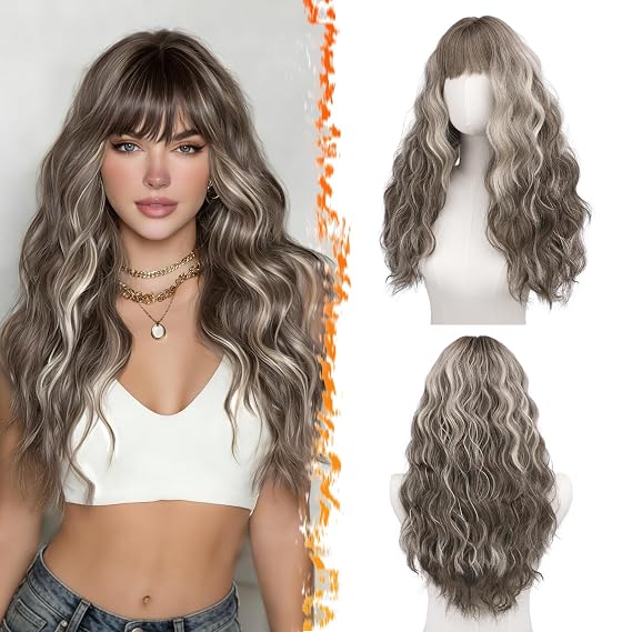 BARSDAR 26 Inch Long Wavy Ash Brown Highlight Wig with Bangs Soft Synthetic