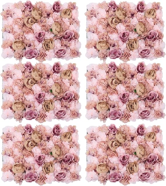 6Pcs Artificial Wall Flower Backdrop, 24" X 16" Flowers Wall Panel, 3D Decoration Silk Rose Hydrangea Wall Mat for Garden, Outdoor, Indoor, Party, Wedding and Photo Backdrop Decor