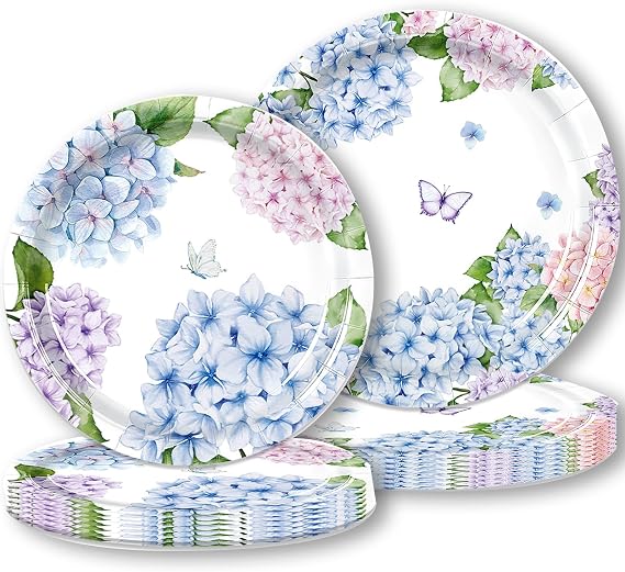 Hydrangea Floral Disposable Paper Plates, 40 Pack, 9 Inch Dinner and 7 Inch Dessert Plates, Blue Pink Flower Design for Wedding Birthday Garden Party (Floral-Plates)