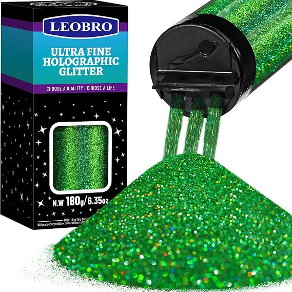 180G/6.35OZ Holographic Ultra Fine Green Glitter, 1/128" Sequins Flakes, Metallic Iridescent Glitter for Resin, Tumblers, Art, Crafts