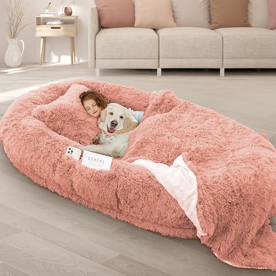 ROOMTEC Human Dog Bed, 71''x45''x12'' Size Fits Adult and Pet Washable Giant People Bed 10 CM Thick Memory Foam Large Oversize Pet Bed with Plump Pillow, Blanket, Strap - Pink
