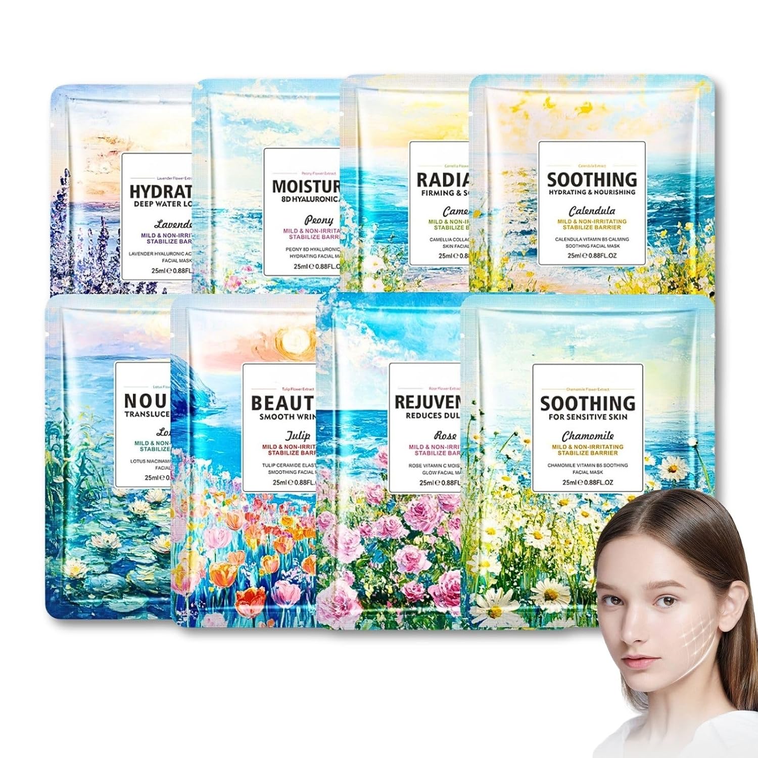 Face Mask Set of 8 Collagen Face Cloth Mask for All Skin Types Moisture Face Masks Korean Face Masks Women Men Beauty Set with Aloe Vera for Skin Balance & Vitality