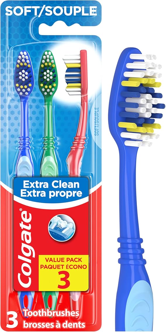 Colgate Extra Clean Soft Toothbrush, 3 Pack | Soft Bristles, Easy Grip Handle, Removes Plaque, Everyday Clean, Triple Toothpaste Pack, Easily Stock Up and Save