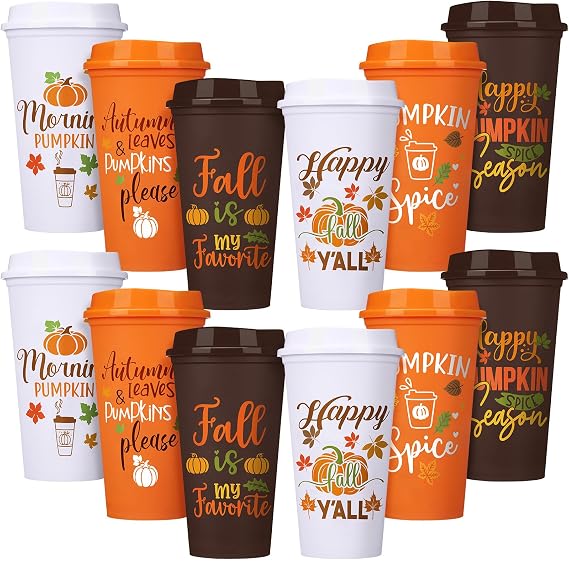 Pickmesh 12 Pack Fall Plastic Coffee Cups with Lid AutumnTumblers