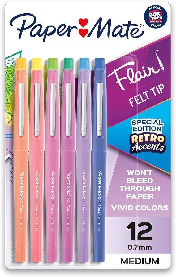 Paper Mate Flair Felt Tip Pens, Medium Point (0.7mm), Special Edition Retro Accents, 12 Count - Fun Office Supplies