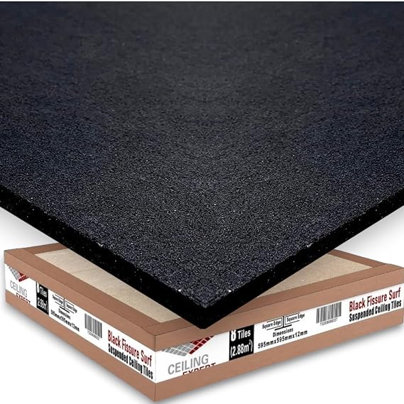 Black Acoustic Suspended Ceiling Tiles 595mm x 595mm x 12mm for 600x600 Grid System Square Edge 2.88m2 - Box of 8 Tiles