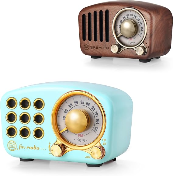 Vintage Greadio Walnut Wood Bluetooth Speaker Radio + Retro FM Radio with Old Fashioned Classic Style