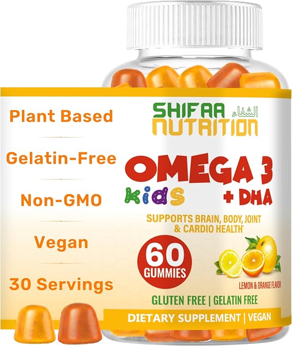 Halal & Plant Based Omega 3 for Kids with DHA - 30 Servings, 60 Ct. Gelatin Free & Gluten Free Algae-Based DHA. Non-GMO, Children & Toddlers Omega 3 Gummies Support Brain Development, Heart & Immune