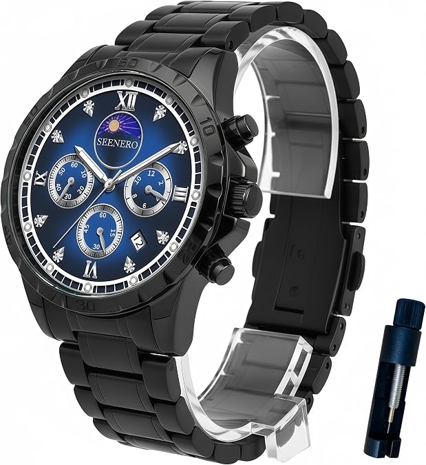 Watches For Men Luxury Stainless Steel Quartz Chronograph Waterproof Moonphase Watch With Luminous Roman Diamond Dial Fashion Dress Business Timepiece, Perfect Mens Gifts For Birthday Anniversary Or Holiday