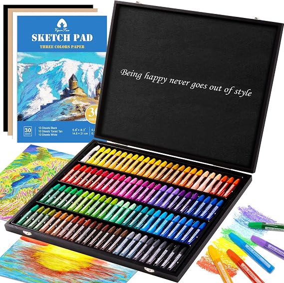 Oil Pastels, 100 Pieces Deluxe Wooden Pastels Art Supplies Set with Blessing, 3-Color Sketch Pad Included, Creative Gift Box for Artists Adults Beginners - Being Happy Never Goes Out of Style