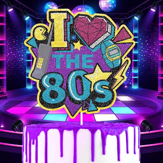 Retro 80s Cake Topper Happy Birthday,#34;I Love the 80s" Decorations, a great retro-themed birthday party, 80s-themed disco party, and baby shower party decorations for boys and girls. SugarGera